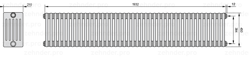 Схема (чертеж) Радиатор Zehnder Charleston 6045/42 №7610 Белый глянцевый RAL 9016